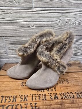 Colin Stuart Taupe Suede Ankle Boots with Faux Fur Trim